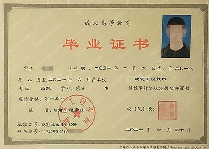 湖南工程学院2021年函授专科毕业证书样本图片（建筑工程技术）